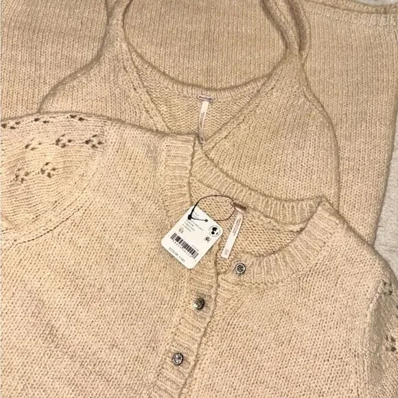 Free People Audrey Sweater Set Maxi Dress Cardigan A Line Knit Tan XS NEW NWT
